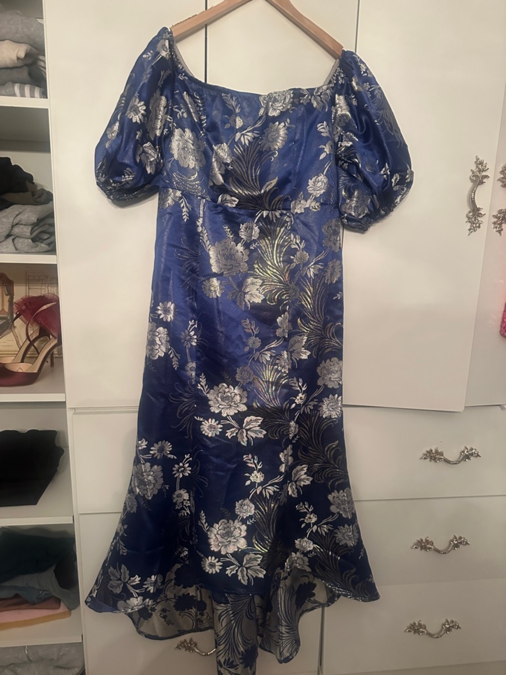 Blue Metallic Floral Puff-Sleeve Midi Dress